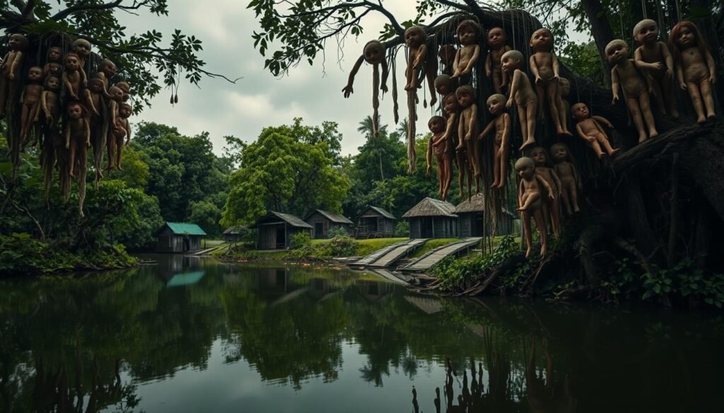 A mysterious scene depicting "La Isla de las Munecas" in Mexico, featuring a serene, eerie island surrounded by lush greenery. In the foreground, a calm lake mirrors the vibrant yet haunting sight of hundreds of weathered dolls hanging from trees, their eyes eerily watching visitors. The middle ground showcases the dense foliage interspersed with dilapidated wooden pathways leading to small, rustic huts, partially obscured by vines. In the background, an overcast sky adds to the somber atmosphere, with soft, diffused lighting that highlights the dolls' cracked faces. A wide-angle lens captures the overall surreal essence of this strange location, inviting curiosity while evoking an unsettling sense of solitude and intrigue.