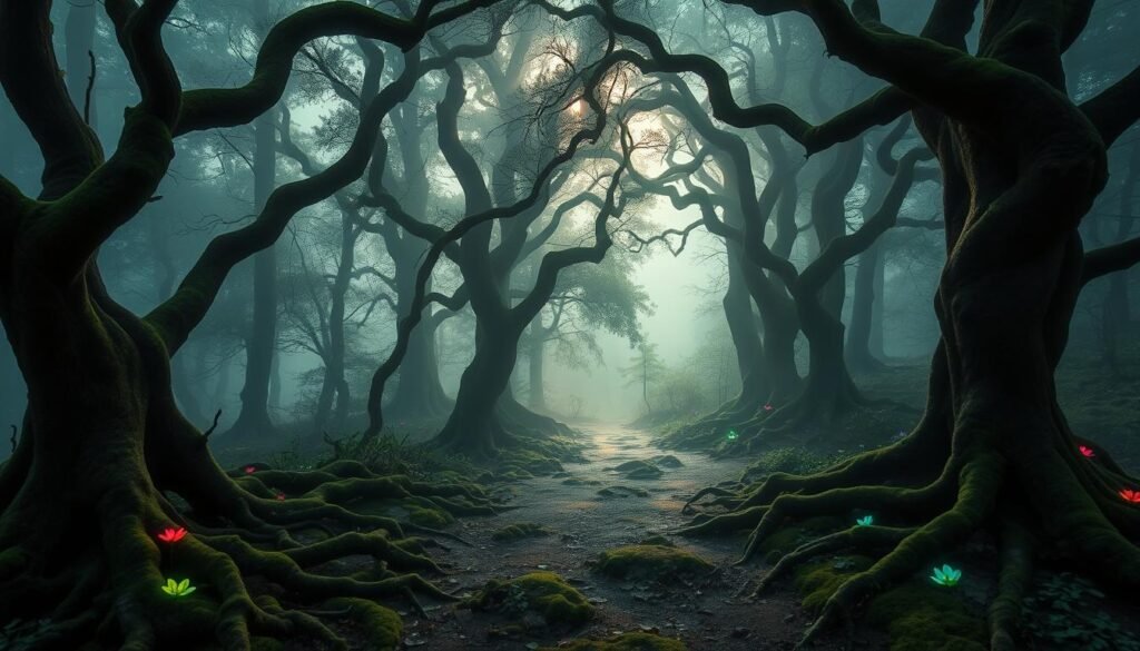 A mystical forest in Germany, known as the Bloemenstein Forest, shrouded in a soft, ethereal mist. In the foreground, twisted, ancient trees with gnarled roots and vibrant, luminescent flowers create an enchanting pathway, leading deeper into the woods. The middle layer features dappled sunlight breaking through the dense canopy, illuminating patches of moss-covered ground and adding a touch of warmth. In the background, hints of distant, shadowy hills can be seen through the fog, evoking a sense of mystery and wonder. The atmosphere is tranquil yet slightly eerie, with soft, diffused lighting enhancing the enchanting mood. A wide-angle perspective captures the depth and immersive quality of this hidden gem in nature.