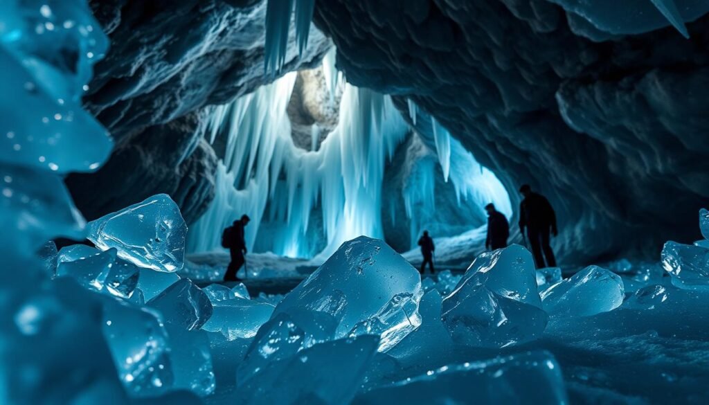 A stunning view of the Cryovulcano Cave in Siberia, showcasing its unique ice formations and geological features. In the foreground, intricate crystalline ice structures glisten with a soft blue hue, reflecting the dim light. The middle ground reveals speleologists in professional attire, carefully examining the frozen landscape, emphasizing the scale of the cavern. The background features towering ice stalagmites and textured rock formations, bathed in a mysterious, softly illuminated atmosphere with shadows contrasting against the shimmering ice. The scene is viewed from a low angle, enhancing the grandeur of this natural wonder, with soft, ethereal lighting creating a mystical ambiance reminiscent of an otherworldly realm.