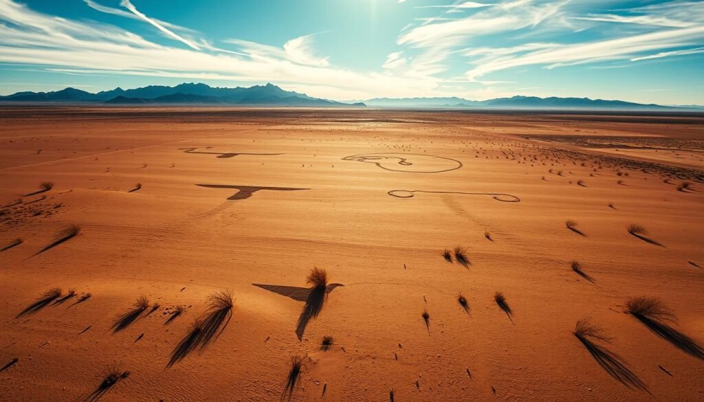 Aerial view of the Nazca Desert in Peru, showcasing intricate geoglyphs etched into the arid landscape. In the foreground, subtle textures of desert sands with scattered dry vegetation. In the middle ground, prominently display the famous Nazca Lines, such as the hummingbird and monkey, depicted with sharp, clean lines contrasting against the earthy tones. The background features distant, rugged mountains under a bright blue sky, with wispy clouds floating softly. Soft, warm sunlight bathes the scene, creating a serene and mysterious atmosphere. The image should evoke a sense of wonder and intrigue, inviting exploration of this enigmatic site. Use a wide-angle lens perspective to emphasize the vastness of the desert and its historical significance.