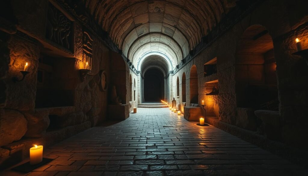 Ancient catacombs in Nauplia, Greece, illuminated by flickering candles casting soft shadows on weathered stone walls adorned with cryptic carvings and niches. In the foreground, an intricate mosaic floor is partially visible, featuring faded patterns of nature. The middle ground reveals a narrow, winding passage leading deeper into the catacombs, with occasional glimpses of ancient relics and artifacts. The background presents a mysterious archway that fades into darkness, suggesting untold secrets. Soft, dim lighting enhances the eerie yet enchanting atmosphere, while a low angle shot emphasizes the grandeur of the arched ceilings. The image evokes a sense of wonder and intrigue, inviting viewers to explore these enigmatic underground chambers.